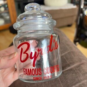 Byrd's Glass Cookie Jar with Red Lettering